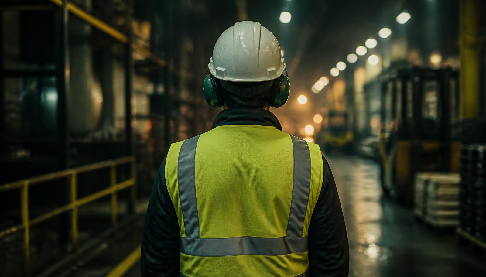 Trabajador con casco y chaleco reflectivo en planta industrial